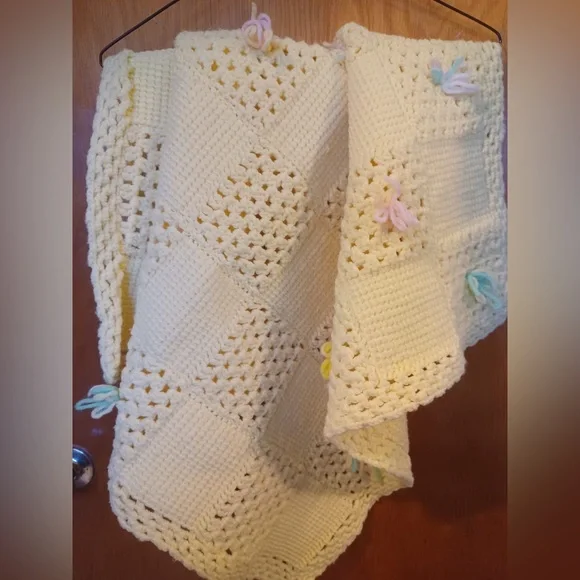 Vintage Hand-Crocheted Yellow Baby Blanket – 33” Square - Picture 3 of 3